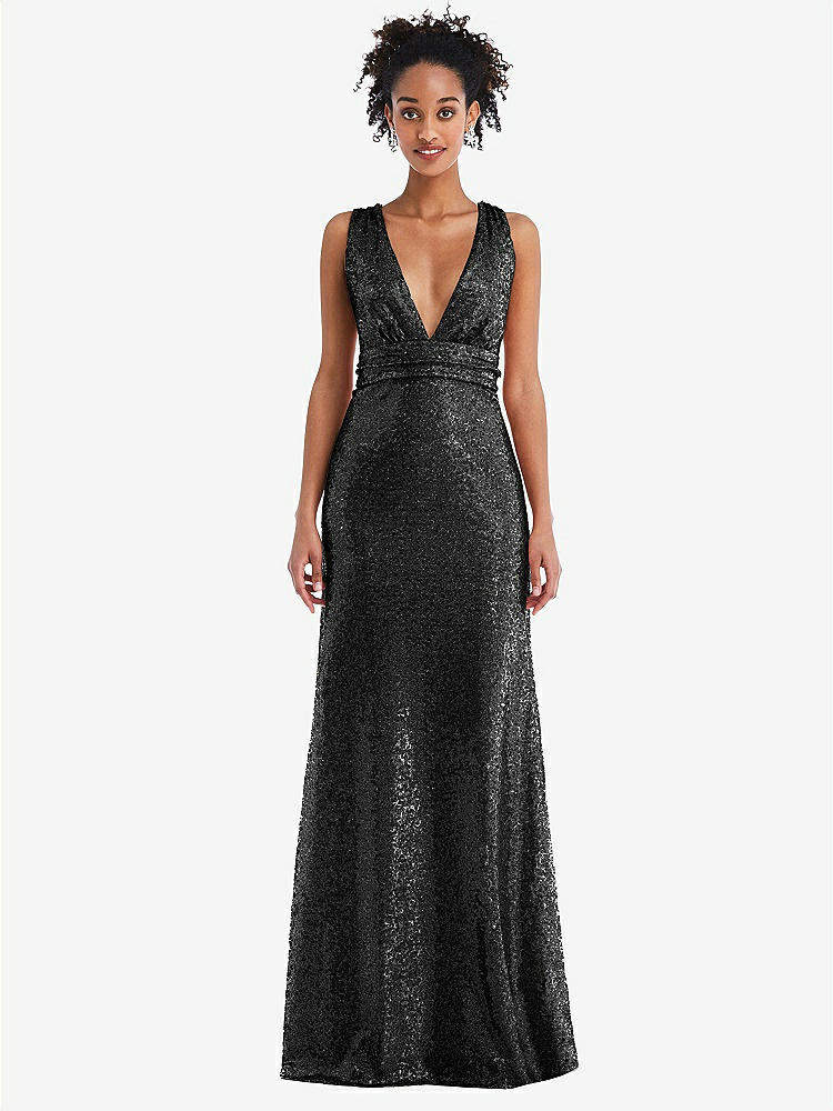 【NEW】【STYLE: TH081】Open-Neck Criss Cross Back Sequin Maxi ドレス【COLOR: Black】【SIZE: 00-30W】