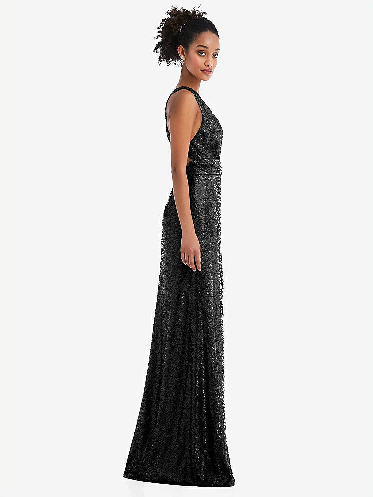 【STYLE: TH081】Open-Neck Criss Cross Back Sequin Maxi Dress【COLOR: Black】