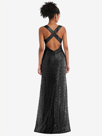 【STYLE: TH081】Open-Neck Criss Cross Back Sequin Maxi Dress【COLOR: Black】