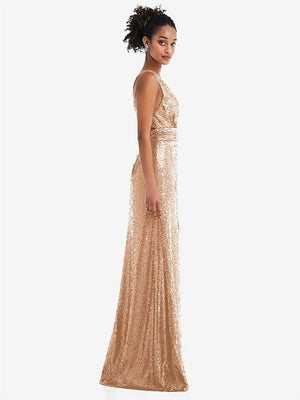 【NEW】【STYLE: TH081】Open-Neck Criss Cross Back Sequin Maxi ドレス【COLOR: Copper Rose】【SIZE: 00-30W】
