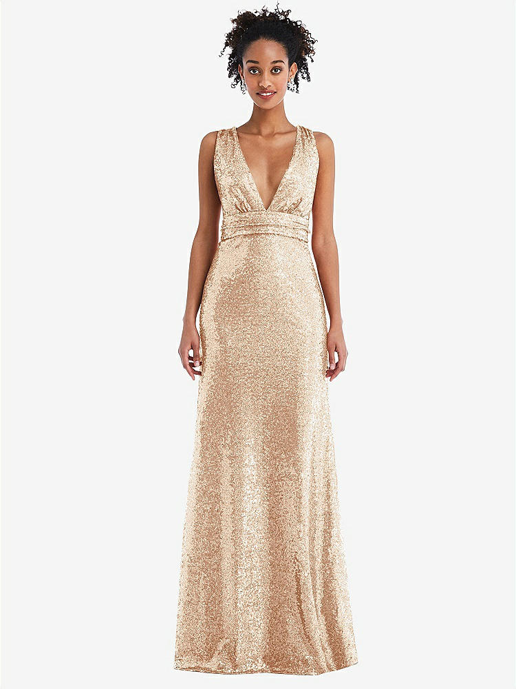 【NEW】【STYLE: TH081】Open-Neck Criss Cross Back Sequin Maxi ドレス【COLOR: Rose Gold】【SIZE: 00-30W】