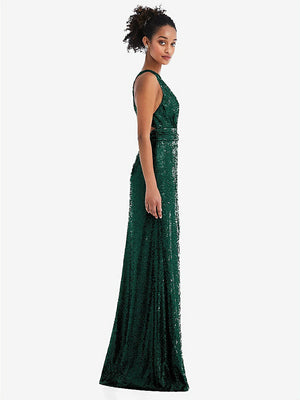 【NEW】【STYLE: TH081】Open-Neck Criss Cross Back Sequin Maxi ドレス【COLOR: Hunter Green】【SIZE: 00-30W】