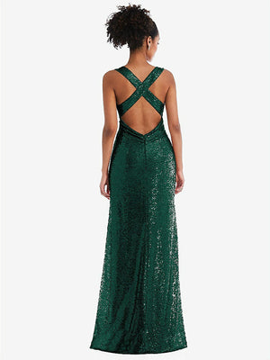 【NEW】【STYLE: TH081】Open-Neck Criss Cross Back Sequin Maxi ドレス【COLOR: Hunter Green】【SIZE: 00-30W】