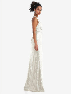 【NEW】【STYLE: TH081】Open-Neck Criss Cross Back Sequin Maxi ドレス【COLOR: Ivory】【SIZE: 00-30W】