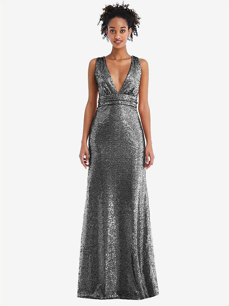 【NEW】【STYLE: TH081】Open-Neck Criss Cross Back Sequin Maxi ドレス【COLOR: Stardust】【SIZE: 00-30W】