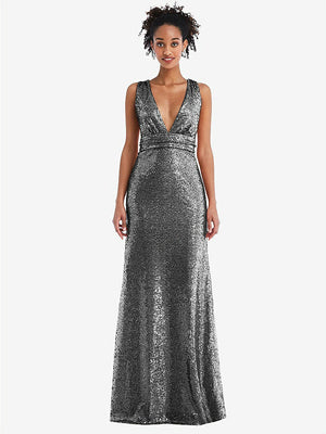 【NEW】【STYLE: TH081】Open-Neck Criss Cross Back Sequin Maxi ドレス【COLOR: Stardust】【SIZE: 00-30W】