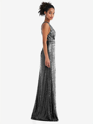 【NEW】【STYLE: TH081】Open-Neck Criss Cross Back Sequin Maxi ドレス【COLOR: Stardust】【SIZE: 00-30W】