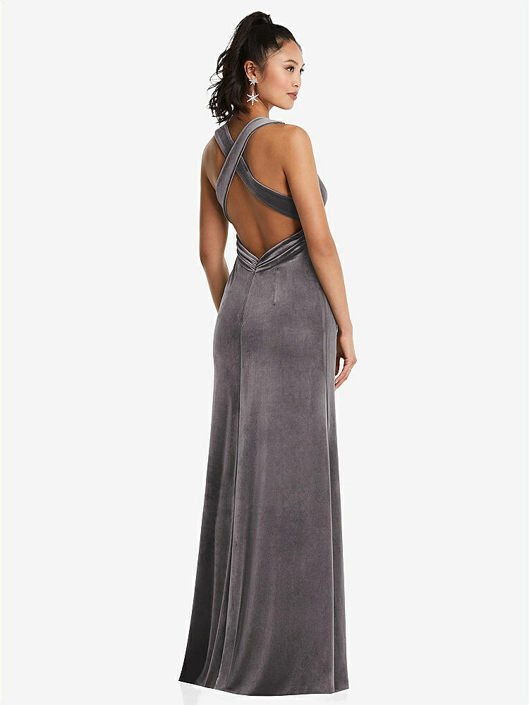 【NEW】【STYLE: TH082】急落 ネックライン ベルベット マキシ ドレス クロス クロス オープンバック【COLOR: Caviar Gray】【SIZE: 00-30W】