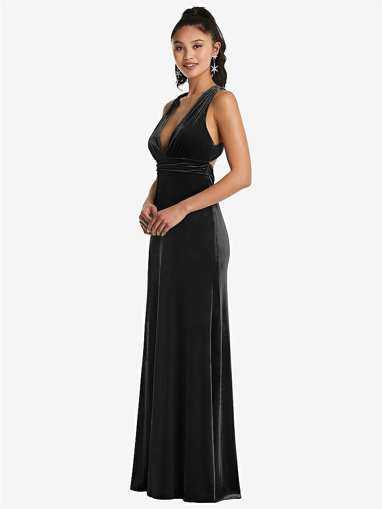 【STYLE: TH082】Plunging Neckline Velvet Maxi Dress with Criss Cross Open-Back【COLOR: Black】
