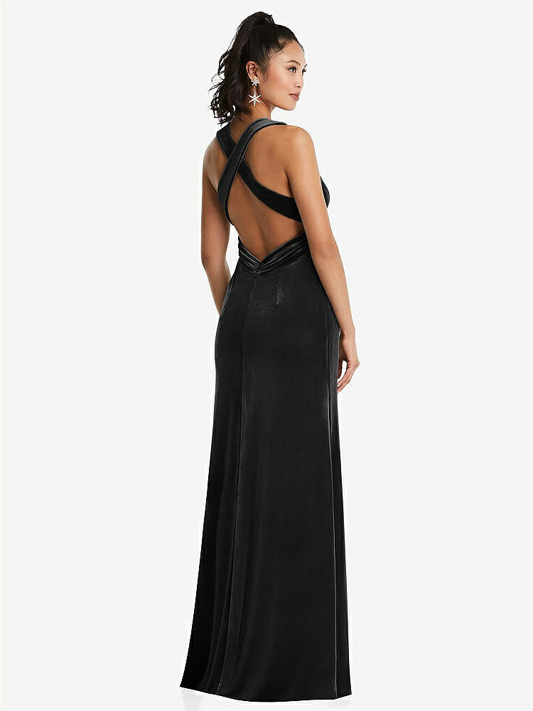 【STYLE: TH082】Plunging Neckline Velvet Maxi Dress with Criss Cross Open-Back【COLOR: Black】