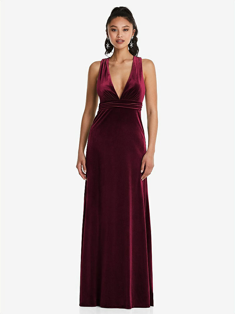 【STYLE: TH082】Plunging Neckline Velvet Maxi Dress with Criss Cross Open-Back【COLOR: Cabernet】