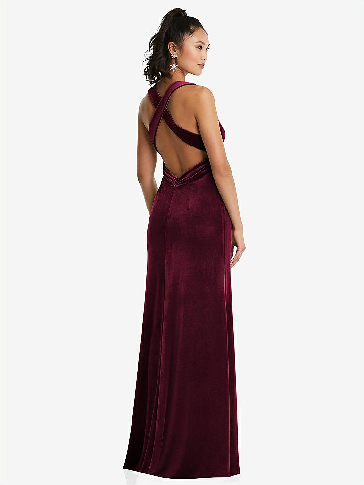 【STYLE: TH082】Plunging Neckline Velvet Maxi Dress with Criss Cross Open-Back【COLOR: Cabernet】