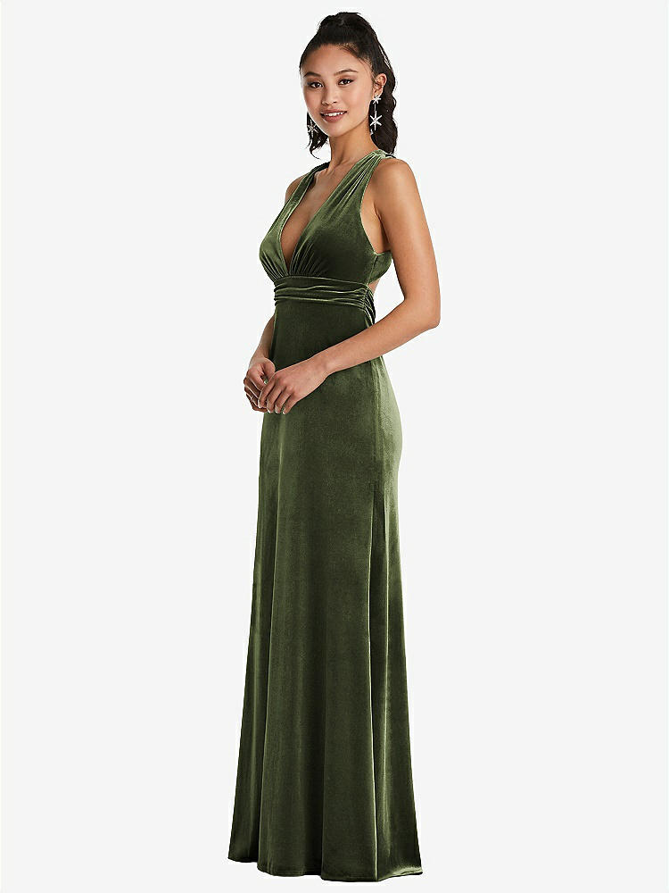 【NEW】【STYLE: TH082】急落 ネックライン ベルベット マキシ ドレス クロス クロス オープンバック【COLOR: Olive Green】【SIZE: 00-30W】