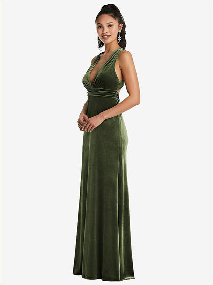 【NEW】【STYLE: TH082】急落 ネックライン ベルベット マキシ ドレス クロス クロス オープンバック【COLOR: Olive Green】【SIZE: 00-30W】