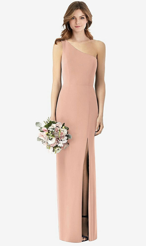 【STYLE: TH087】ワンショルダー クレープ トランペット ガウン 前面 スリット【COLOR: Pale Peach】【SIZE: 00-30W】