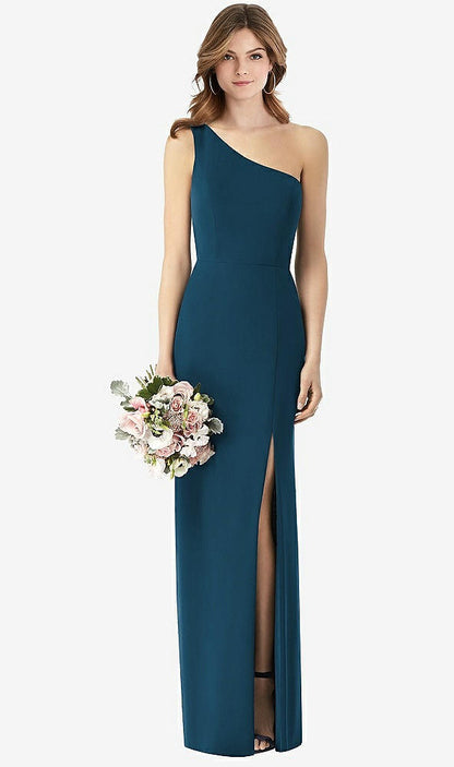 【STYLE: TH087】One-Shoulder Crepe Trumpet Gown with Front Slit【COLOR: Atlantic Blue】