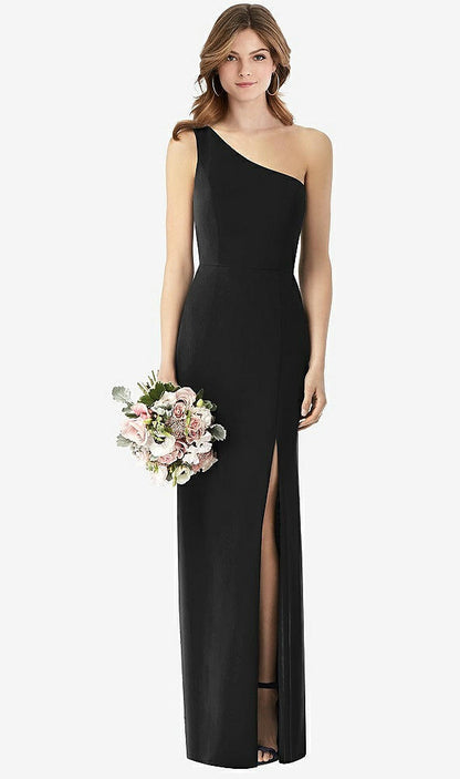 【STYLE: TH087】One-Shoulder Crepe Trumpet Gown with Front Slit【COLOR: Black】