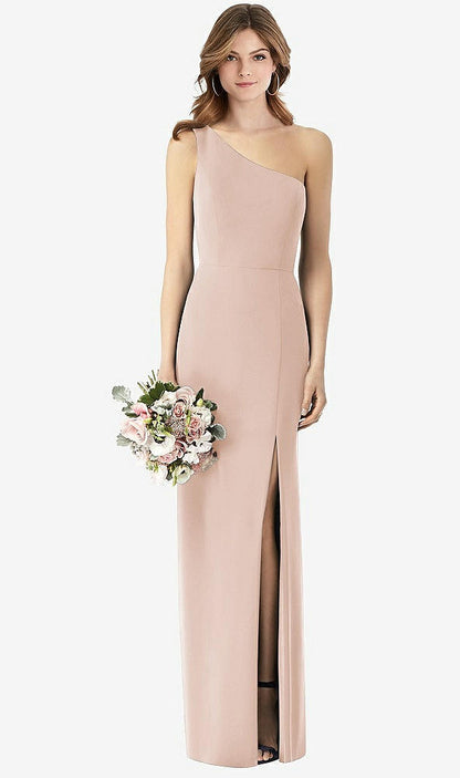 【STYLE: TH087】One-Shoulder Crepe Trumpet Gown with Front Slit【COLOR: Cameo】