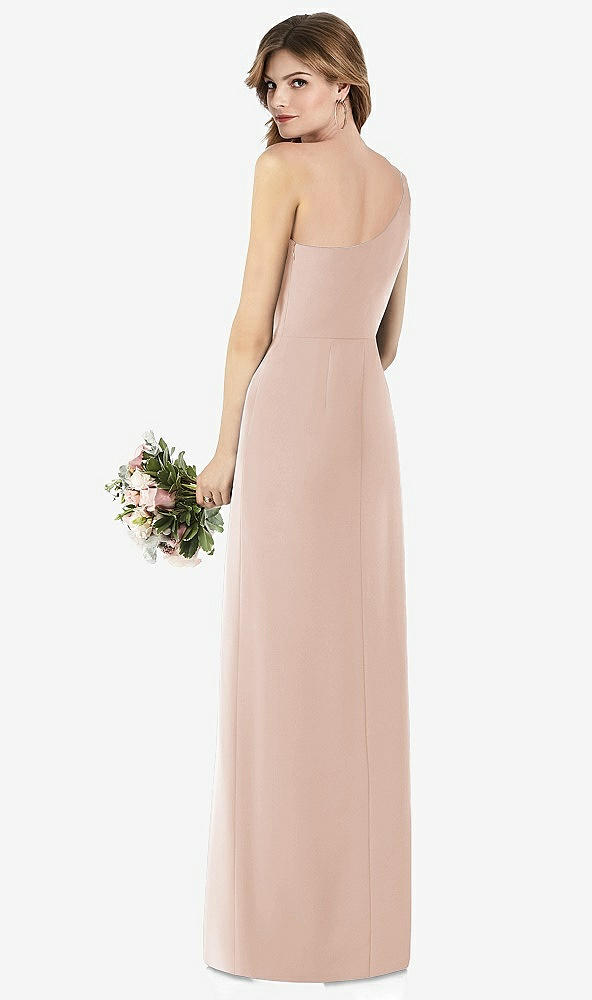 【STYLE: TH087】One-Shoulder Crepe Trumpet Gown with Front Slit【COLOR: Cameo】
