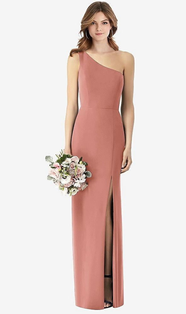 【STYLE: TH087】One-Shoulder Crepe Trumpet Gown with Front Slit【COLOR: Desert Rose】