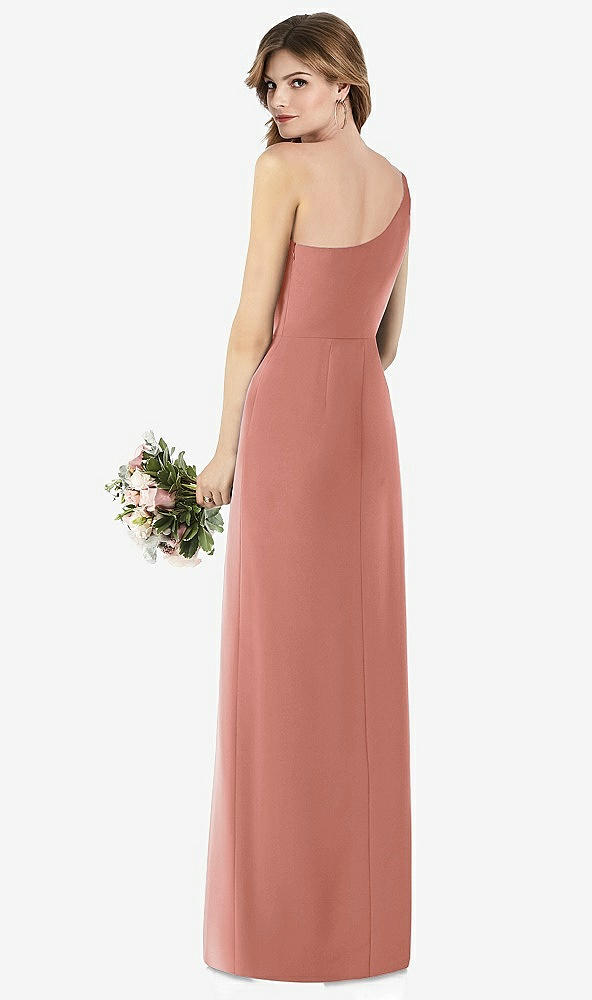 【STYLE: TH087】One-Shoulder Crepe Trumpet Gown with Front Slit【COLOR: Desert Rose】