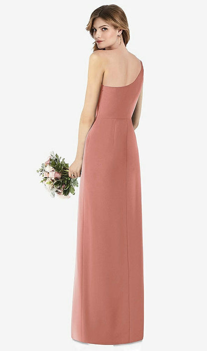 【STYLE: TH087】One-Shoulder Crepe Trumpet Gown with Front Slit【COLOR: Desert Rose】
