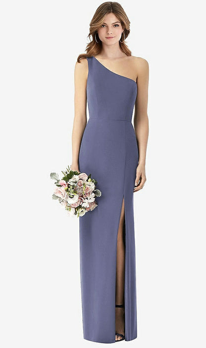 【STYLE: TH087】One-Shoulder Crepe Trumpet Gown with Front Slit【COLOR: French Blue】