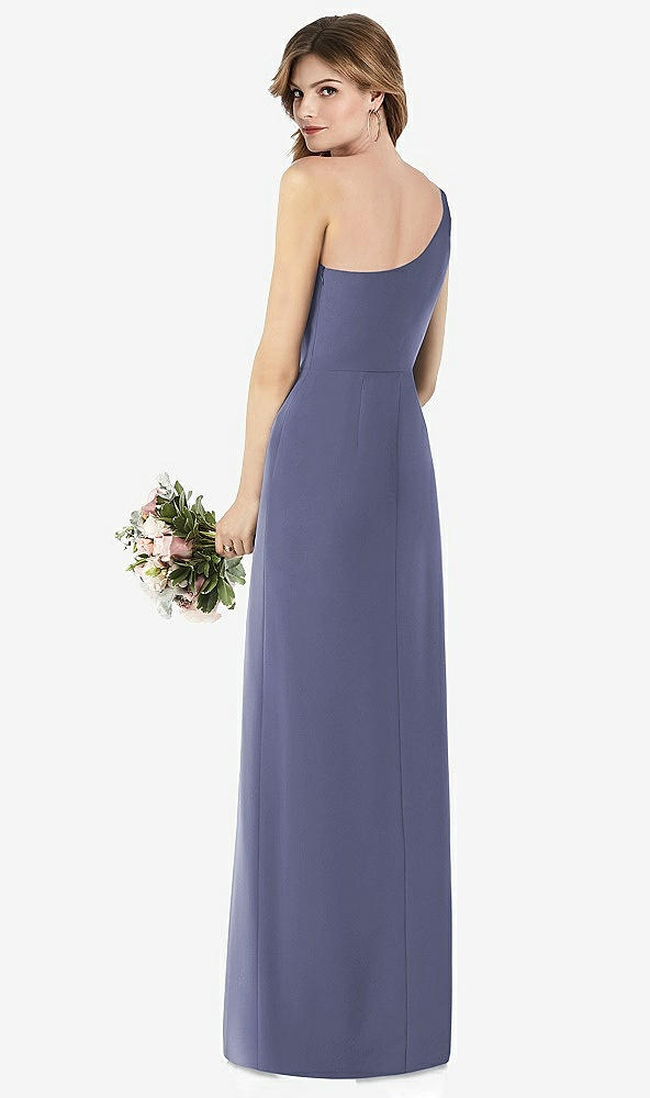 【STYLE: TH087】One-Shoulder Crepe Trumpet Gown with Front Slit【COLOR: French Blue】