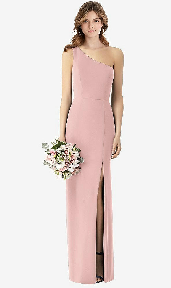 【STYLE: TH087】One-Shoulder Crepe Trumpet Gown with Front Slit【COLOR: Rose - PANTONE Rose Quartz】