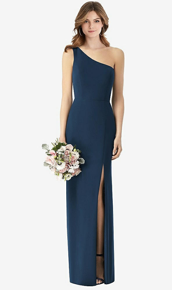 【STYLE: TH087】One-Shoulder Crepe Trumpet Gown with Front Slit【COLOR: Sofia Blue】
