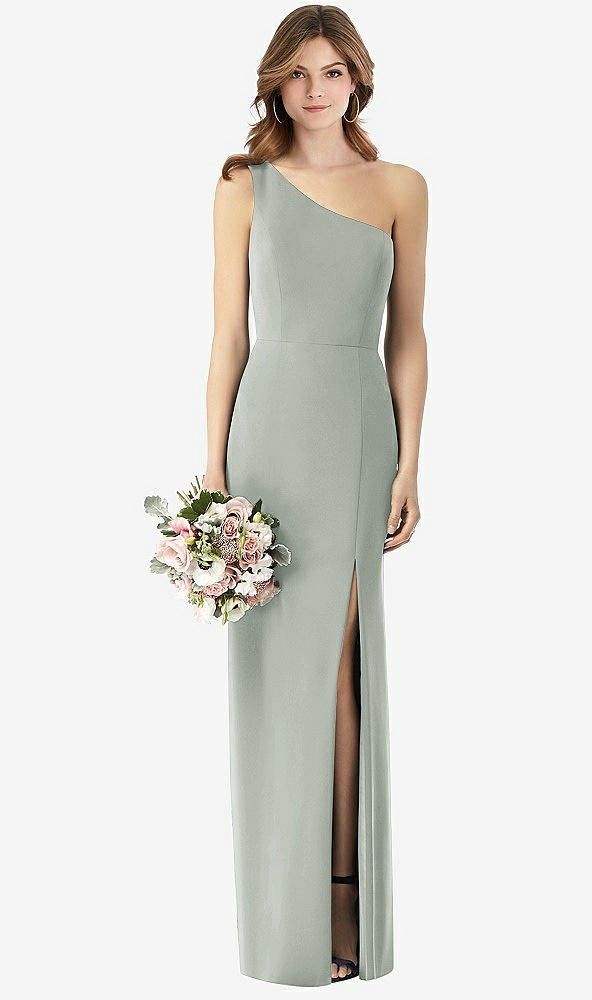 【STYLE: TH087】One-Shoulder Crepe Trumpet Gown with Front Slit【COLOR: Willow Green】