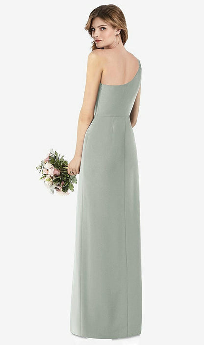 【STYLE: TH087】One-Shoulder Crepe Trumpet Gown with Front Slit【COLOR: Willow Green】