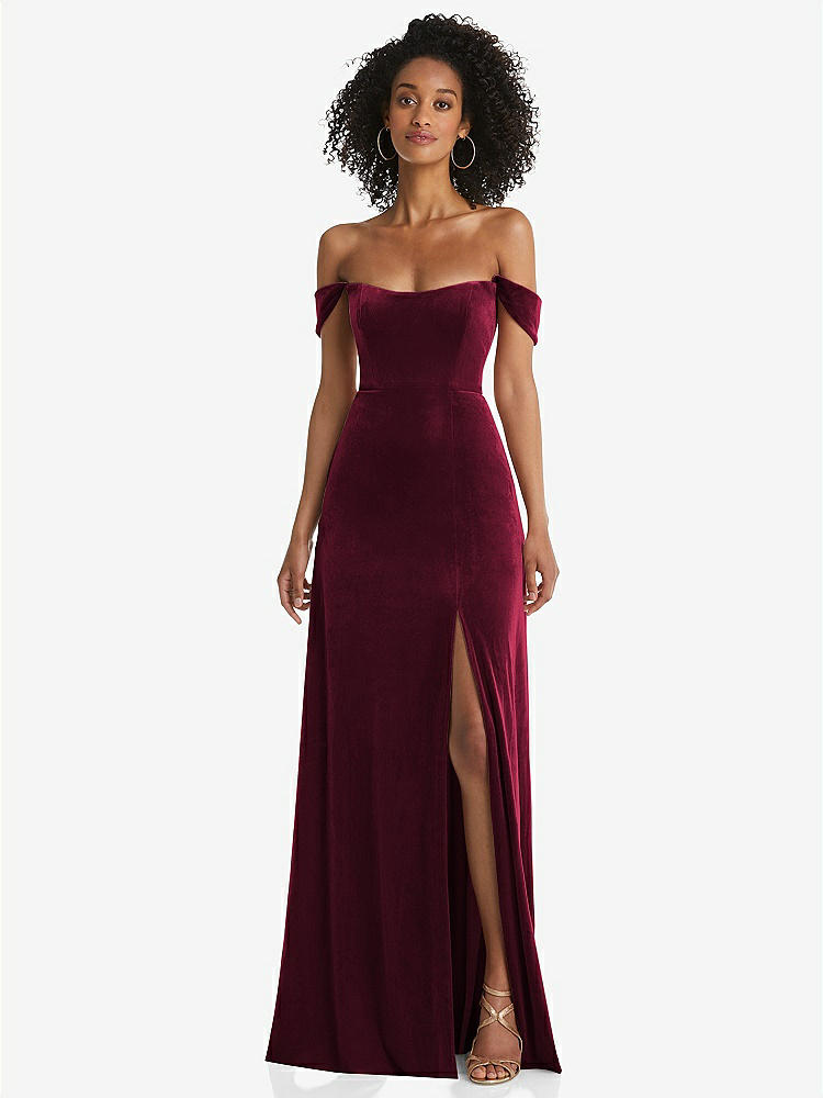 【NEW】【STYLE: 1551】オフショルダー フラウンス 袖 ベルベット マキシ ドレス【COLOR: Cabernet】【SIZE: 00-30W】