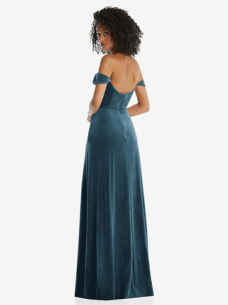 【NEW】【STYLE: 1551】オフショルダー フラウンス 袖 ベルベット マキシ ドレス【COLOR: Dutch Blue】【SIZE: 00-30W】