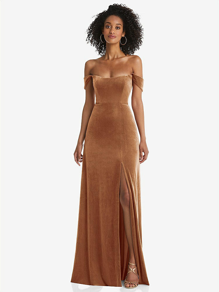 【NEW】【STYLE: 1551】オフショルダー フラウンス 袖 ベルベット マキシ ドレス【COLOR: Golden Almond】【SIZE: 00-30W】