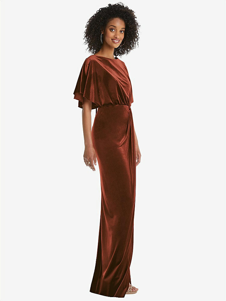 【STYLE: 1552】Flutter Sleeve Open-Back Velvet Maxi Dress with Draped Wrap Skirt【COLOR: Auburn Moon】