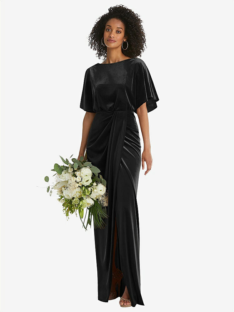【STYLE: 1552】Flutter Sleeve Open-Back Velvet Maxi Dress with Draped Wrap Skirt【COLOR: Black】