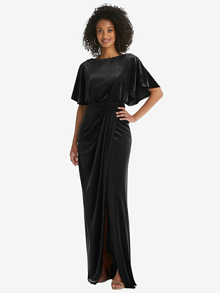 【STYLE: 1552】Flutter Sleeve Open-Back Velvet Maxi Dress with Draped Wrap Skirt【COLOR: Black】
