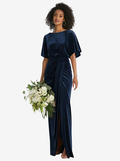 【NEW】【STYLE: 1552】フラッター スリーブ オープンバック ベルベット マキシ ドレス ドレープ ラップ スカート【COLOR: Midnight Navy】【SIZE: 00-30W】