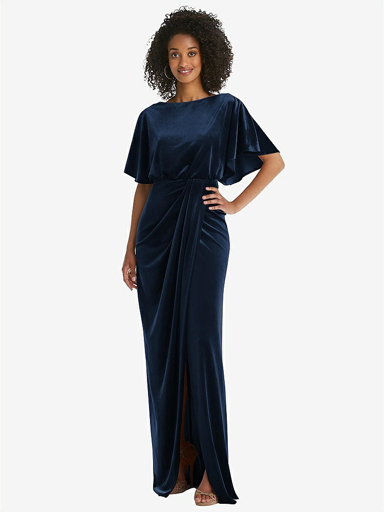 【NEW】【STYLE: 1552】フラッター スリーブ オープンバック ベルベット マキシ ドレス ドレープ ラップ スカート【COLOR: Midnight Navy】【SIZE: 00-30W】