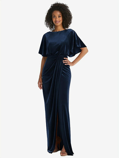 【NEW】【STYLE: 1552】フラッター スリーブ オープンバック ベルベット マキシ ドレス ドレープ ラップ スカート【COLOR: Midnight Navy】【SIZE: 00-30W】