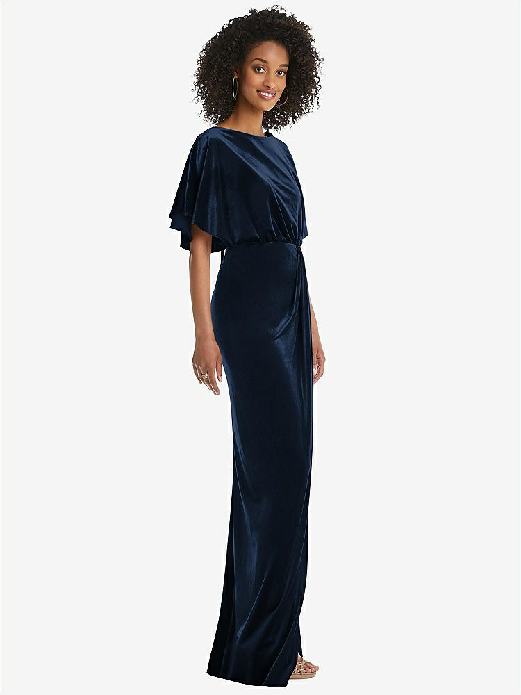 【NEW】【STYLE: 1552】フラッター スリーブ オープンバック ベルベット マキシ ドレス ドレープ ラップ スカート【COLOR: Midnight Navy】【SIZE: 00-30W】