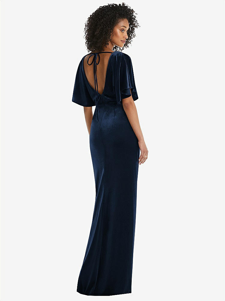 【NEW】【STYLE: 1552】フラッター スリーブ オープンバック ベルベット マキシ ドレス ドレープ ラップ スカート【COLOR: Midnight Navy】【SIZE: 00-30W】