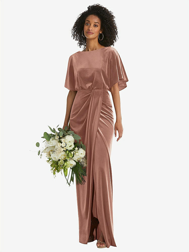 【STYLE: 1552】Flutter Sleeve Open-Back Velvet Maxi Dress with Draped Wrap Skirt【COLOR: Tawny Rose】