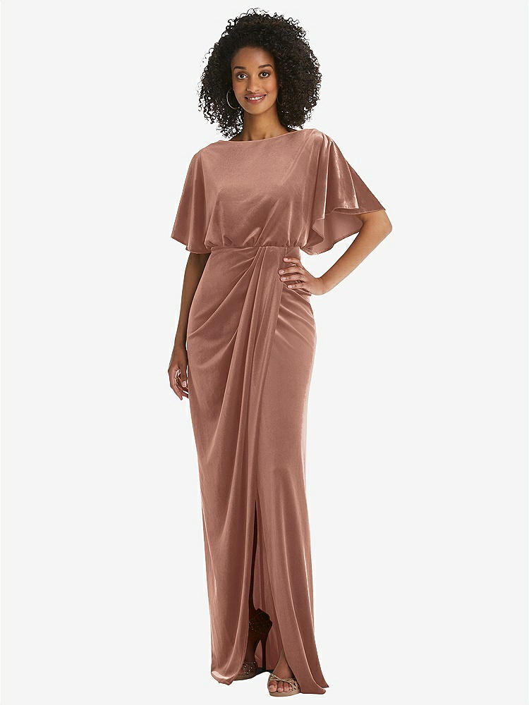 【STYLE: 1552】Flutter Sleeve Open-Back Velvet Maxi Dress with Draped Wrap Skirt【COLOR: Tawny Rose】