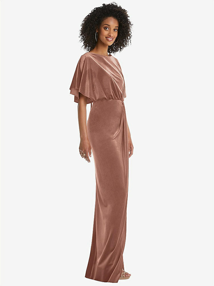 【STYLE: 1552】Flutter Sleeve Open-Back Velvet Maxi Dress with Draped Wrap Skirt【COLOR: Tawny Rose】