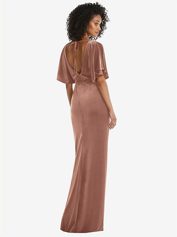【STYLE: 1552】Flutter Sleeve Open-Back Velvet Maxi Dress with Draped Wrap Skirt【COLOR: Tawny Rose】