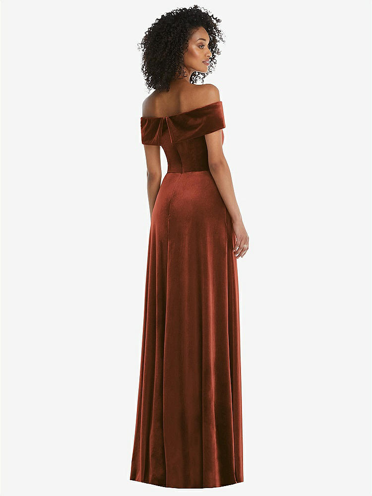 【STYLE: 1554】Draped Cuff Off-the-Shoulder Velvet Maxi Dress with Pockets【COLOR: Auburn Moon】