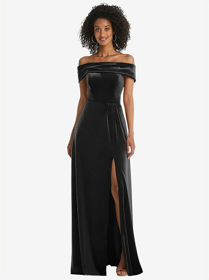 【STYLE: 1554】Draped Cuff Off-the-Shoulder Velvet Maxi Dress with Pockets【COLOR: Black】