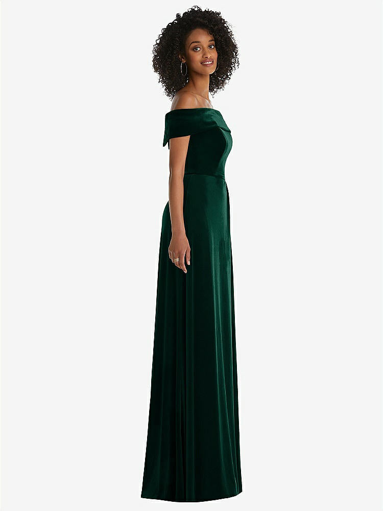 【STYLE: 1554】Draped Cuff Off-the-Shoulder Velvet Maxi Dress with Pockets【COLOR: Evergreen】
